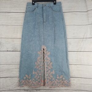 DRIFTWOOD Size 29 Serena Embroidered Pink Eyelet Denim Maxi Skirt NWOT $178 L780